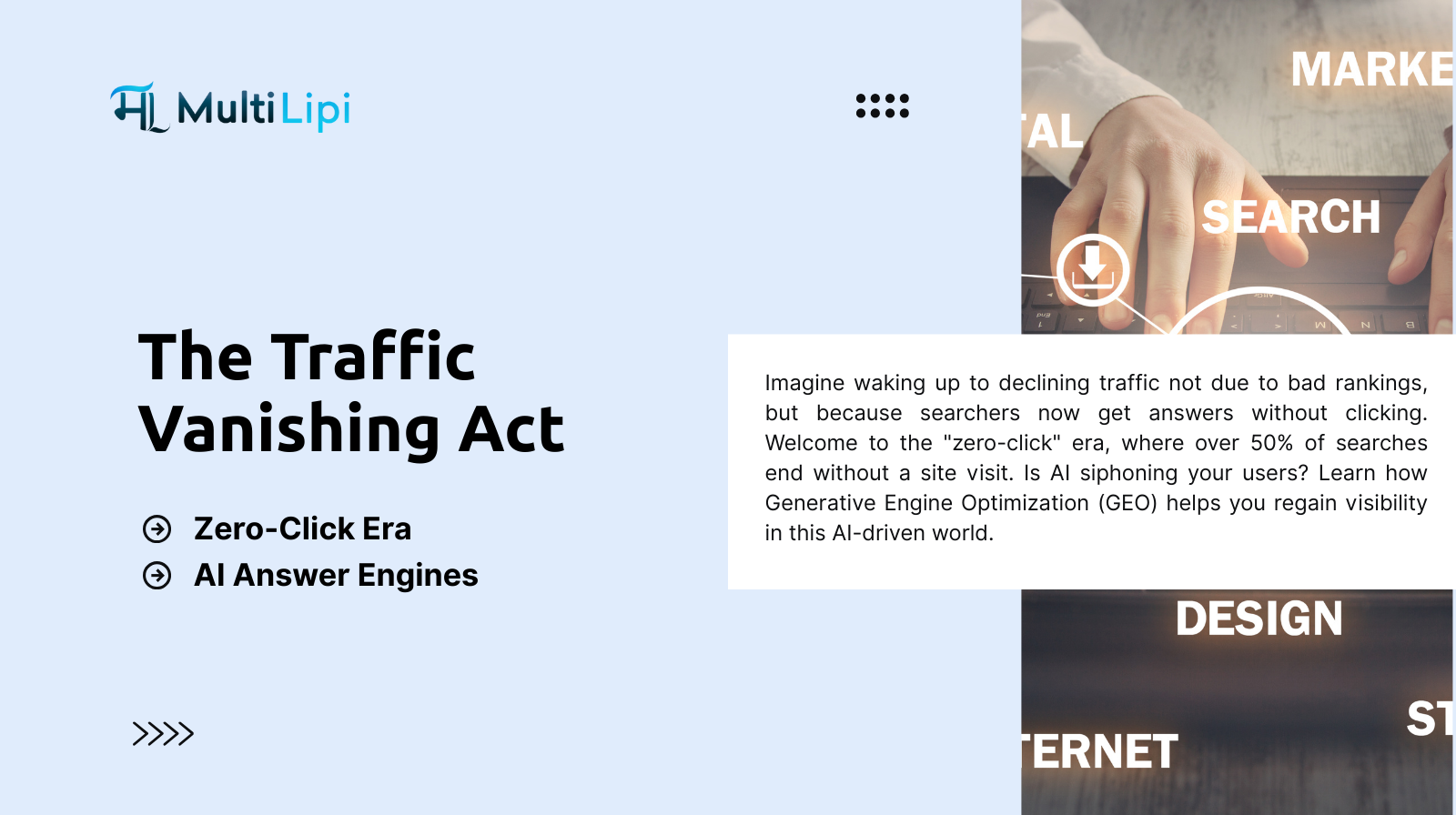 obot head illustration representing the rise of the zero-click era and MultiLipi analysis of organic traffic decline in AI search.