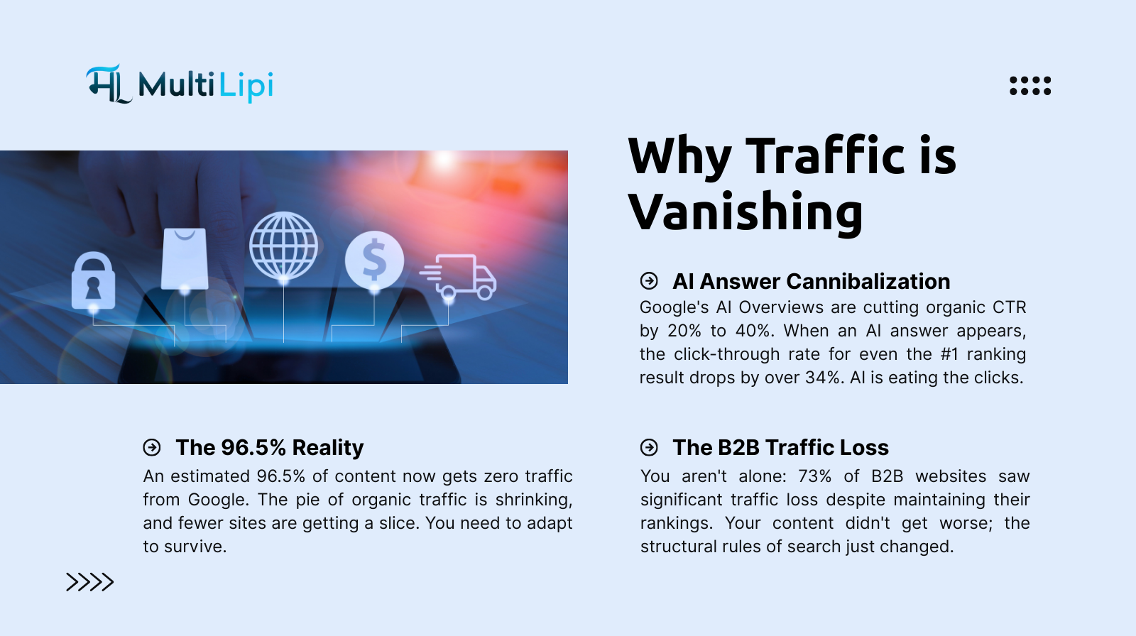 Row of AI robots symbolizing AI answer cannibalization and the core principles of MultiLipi Generative Engine Optimization (GEO).