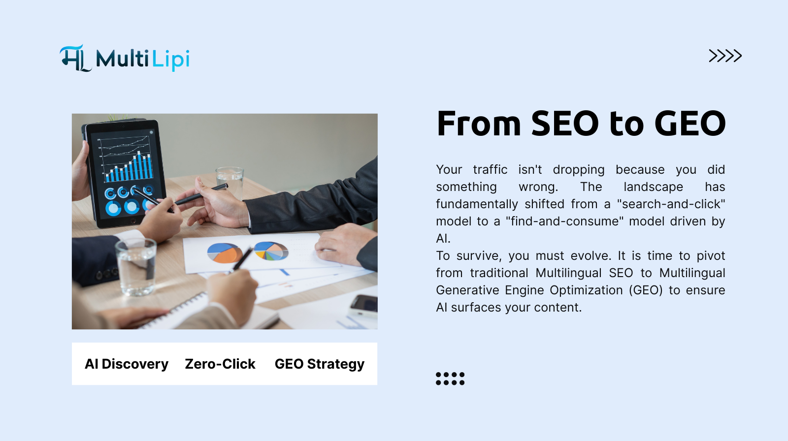 Business team analyzing B2B AI buyer journeys and the MultiLipi strategy for shifting from SEO to Multilingual GEO.