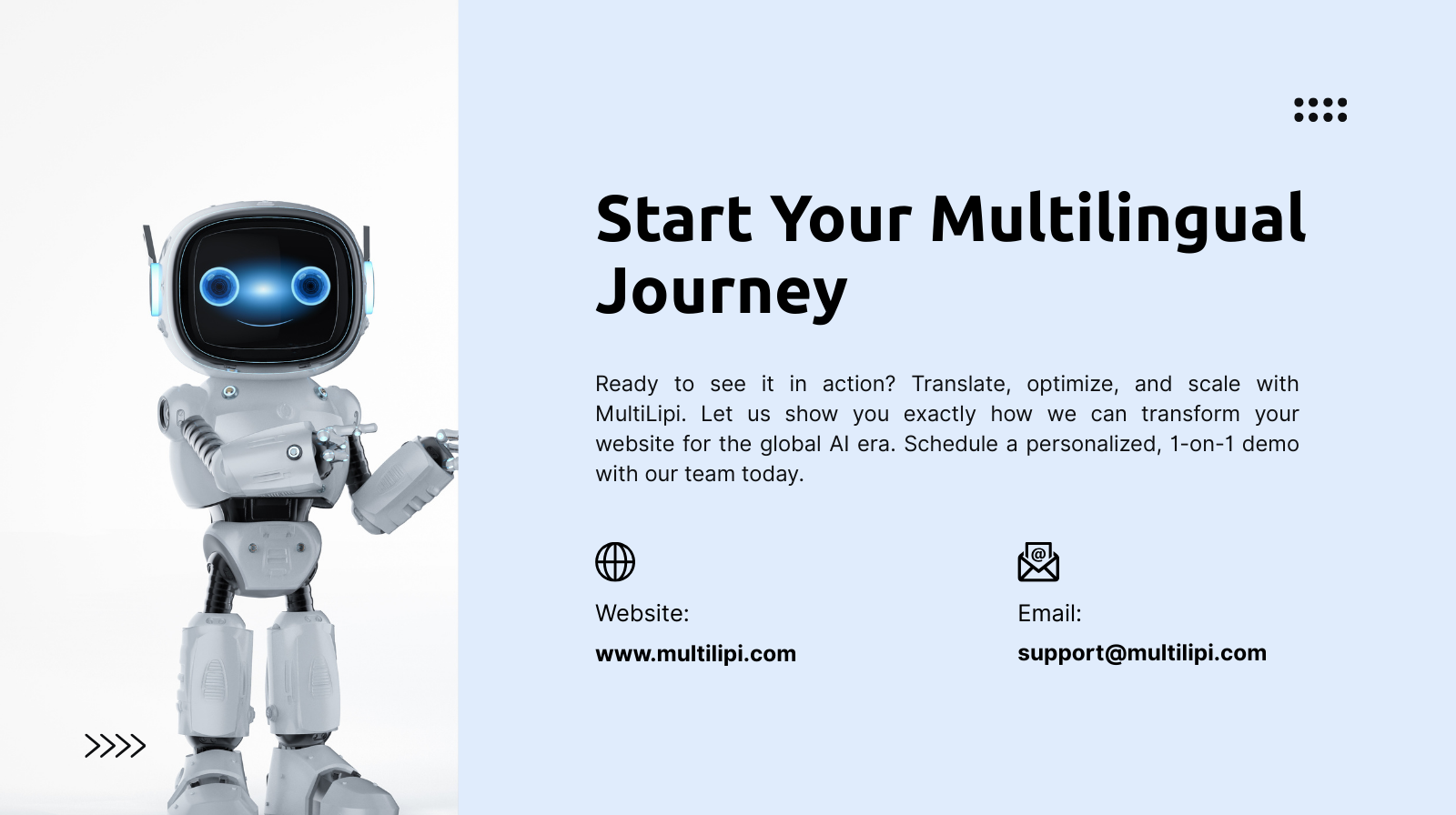 MultiLipi AI mascot pointing to contact details for scheduling a multilingual Generative Engine Optimization demo.