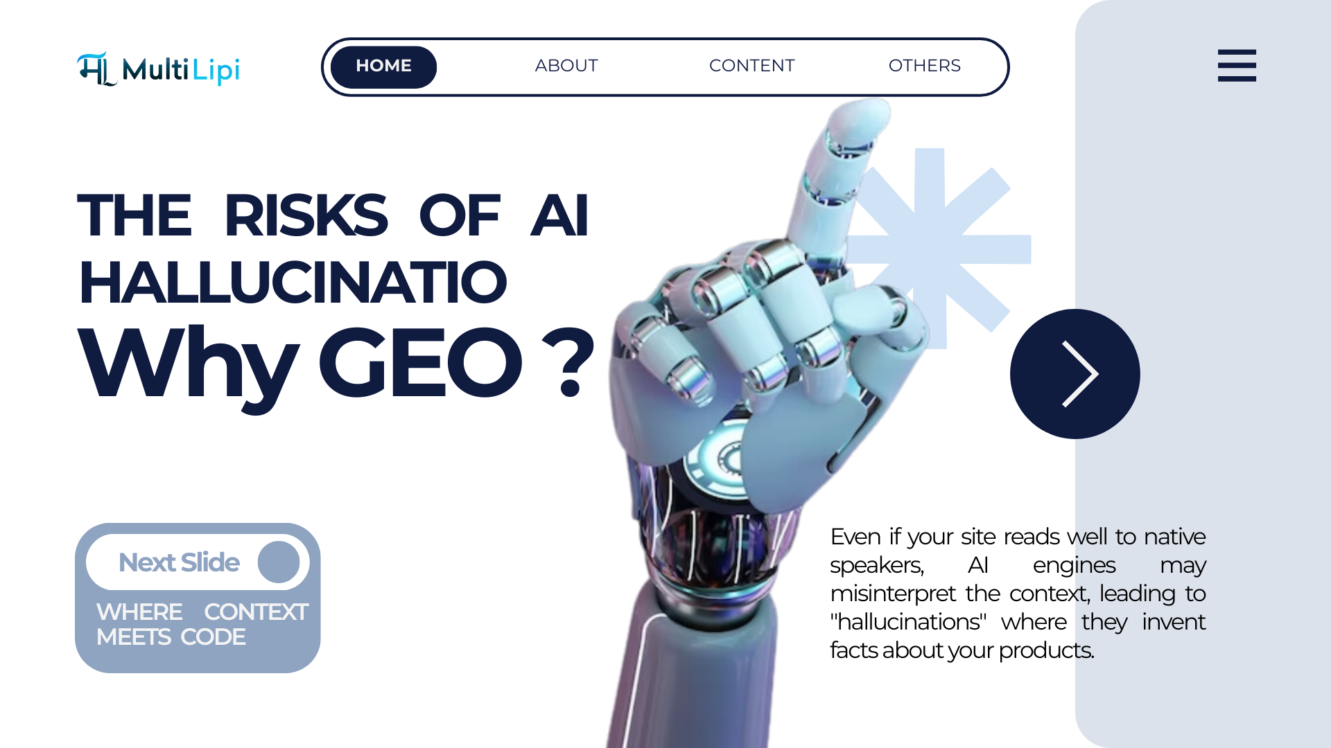 MultiLipi slide: The Risks of AI Hallucination. Explains context errors in multilingual SEO &amp; GEO