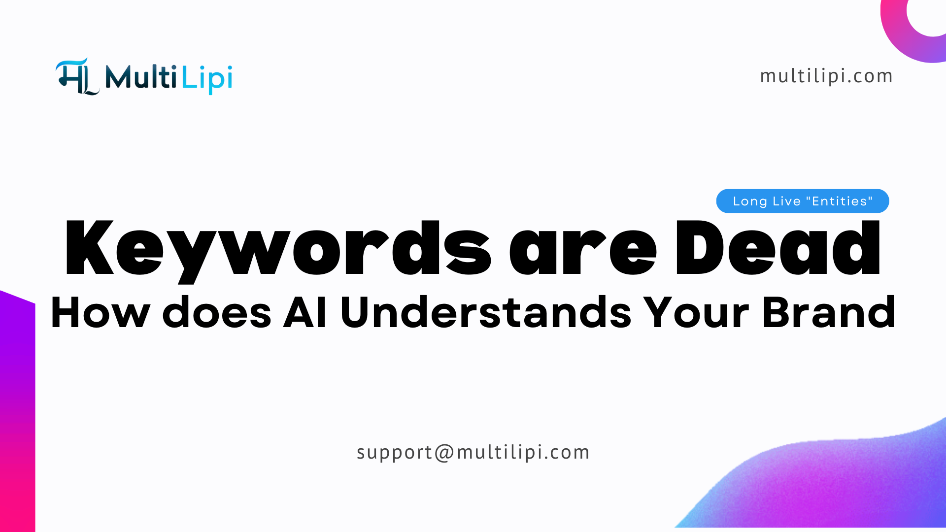 MultiLipi slide: Keywords are Dead. Highlights the shift to Entity-based AI understanding over traditional keywords.